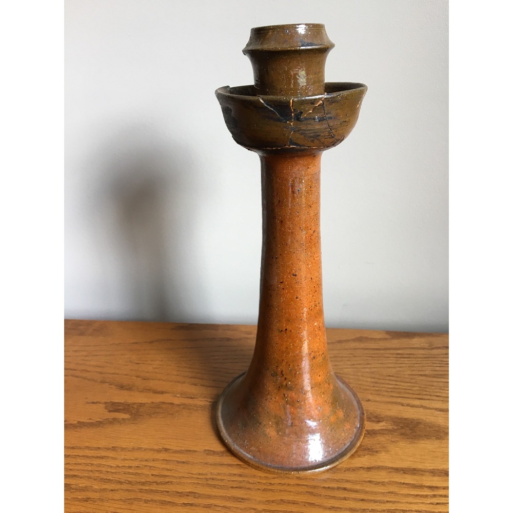 Vintage Jugtown Pottery Candlestick Holder Orange Brown Salt Glaze 12"‎ READ